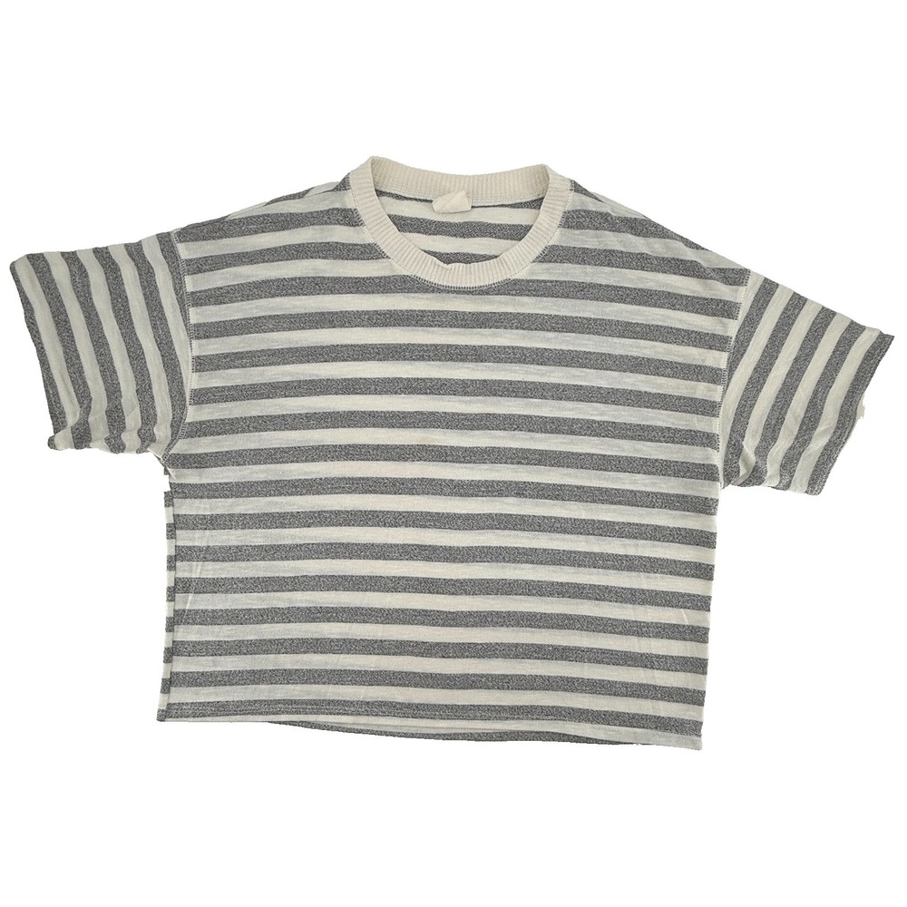 By Together Striped Knit Top Womens Large Gray White Crew Neck Stain